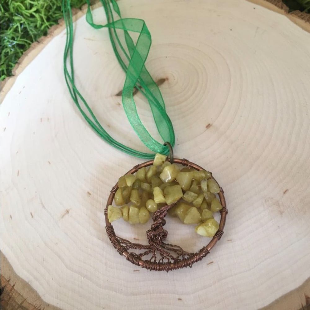 Green wire wrapped tree of life necklace